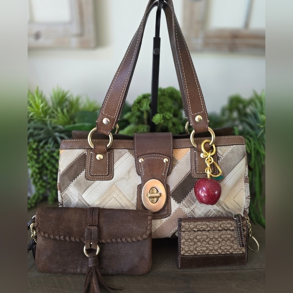 Handbags - Coach Signature Patchwork Y2K Shoulder Bag With Suede Wristlet And Coin Purse